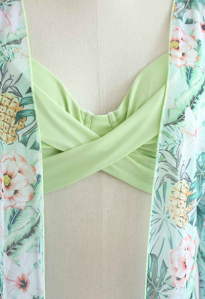 Fresh Floral Crisscross Front Bikini Cover-Up Set in Light Green