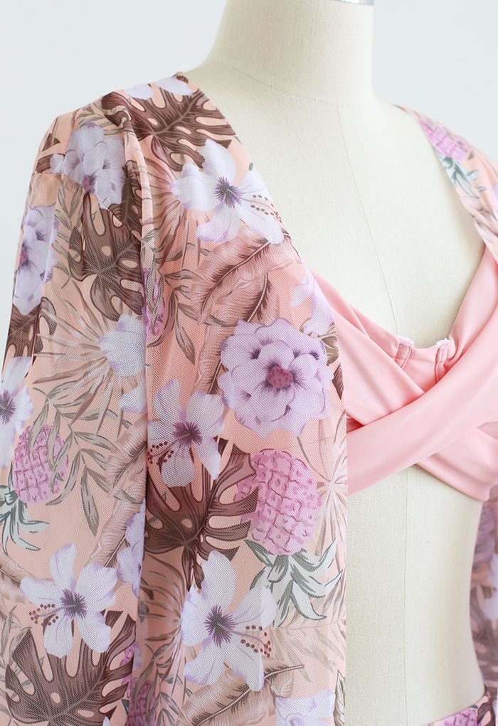 Fresh Floral Crisscross Front Bikini Cover-Up Set in Pink