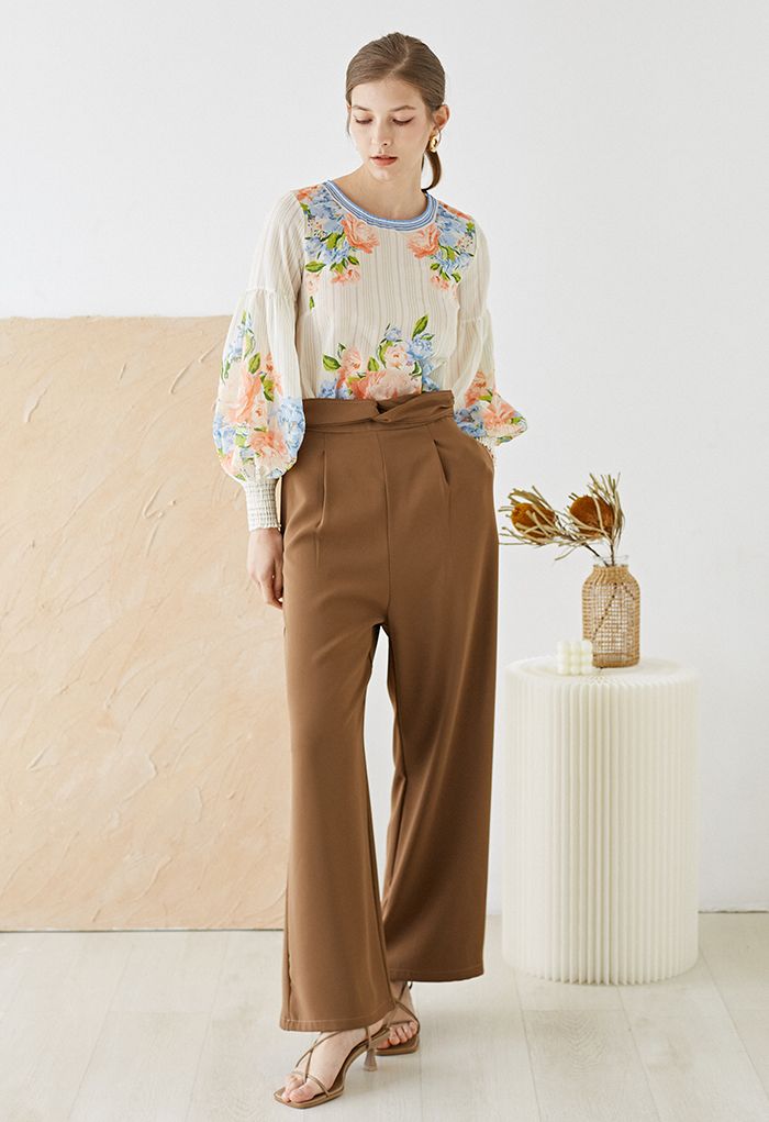 Peony Print Puff Sleeves Slouchy Shirt