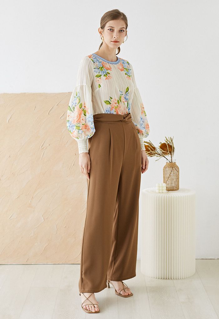 Peony Print Puff Sleeves Slouchy Shirt