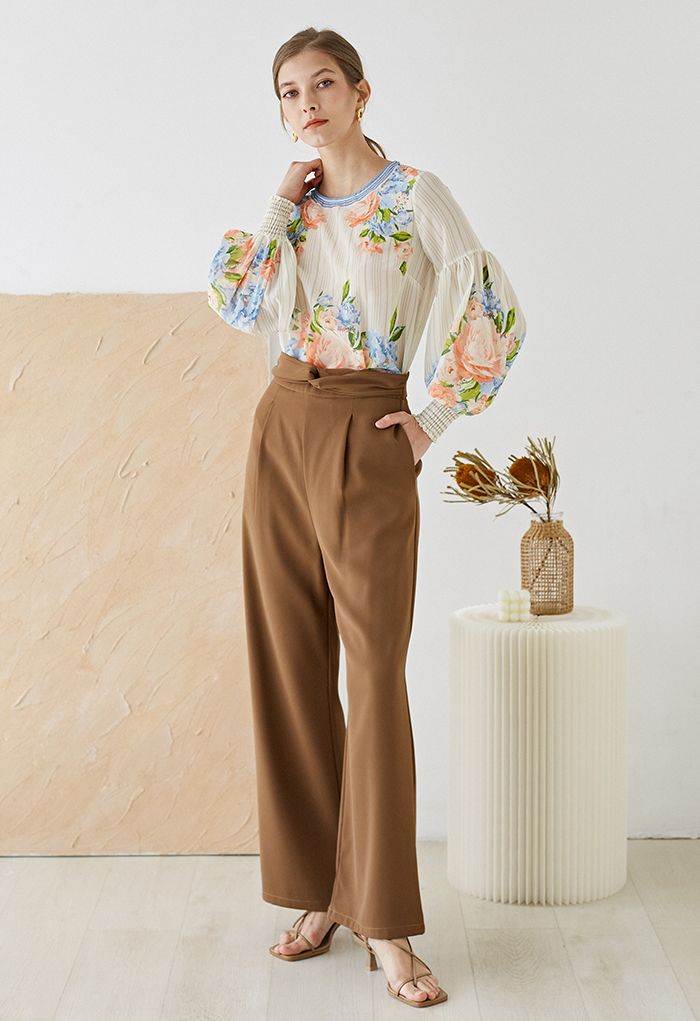 Peony Print Puff Sleeves Slouchy Shirt