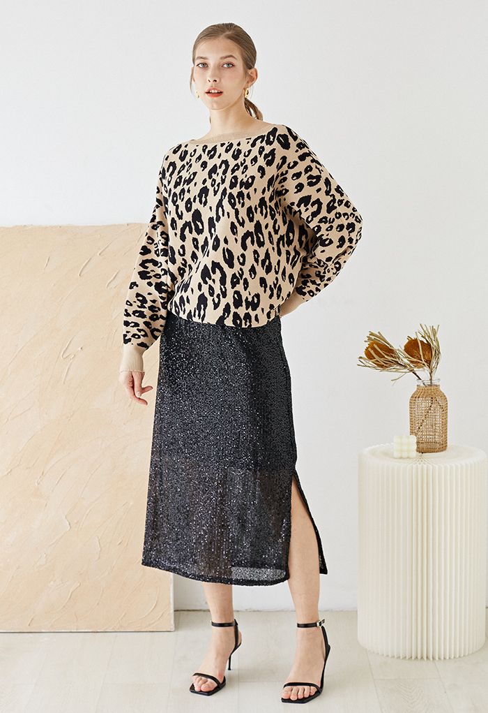 Leopard Jacquard Batwing Sleeve Sweater in Camel
