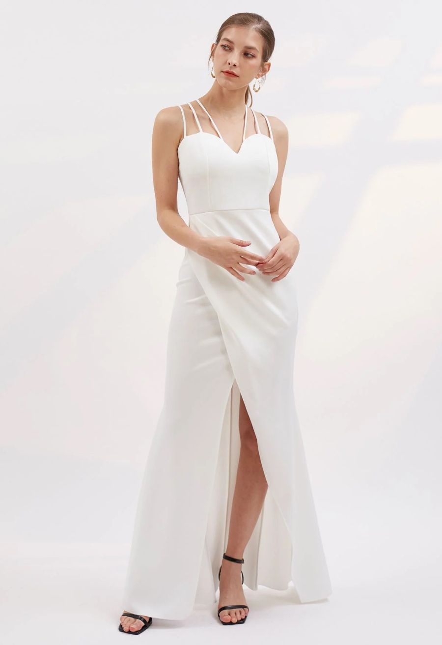 Multiple Straps Ruched Flap Slit Mermaid Gown in White