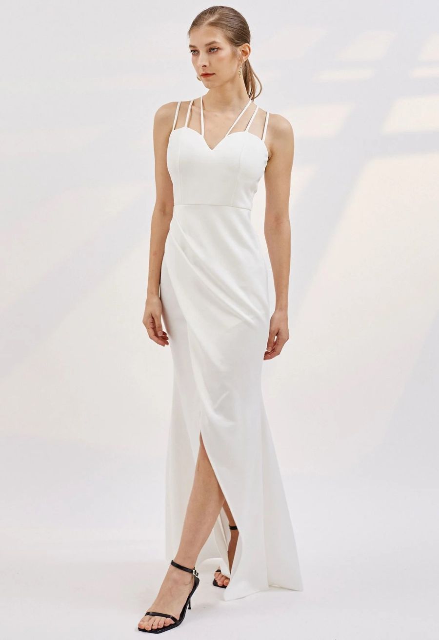 Multiple Straps Ruched Flap Slit Mermaid Gown in White