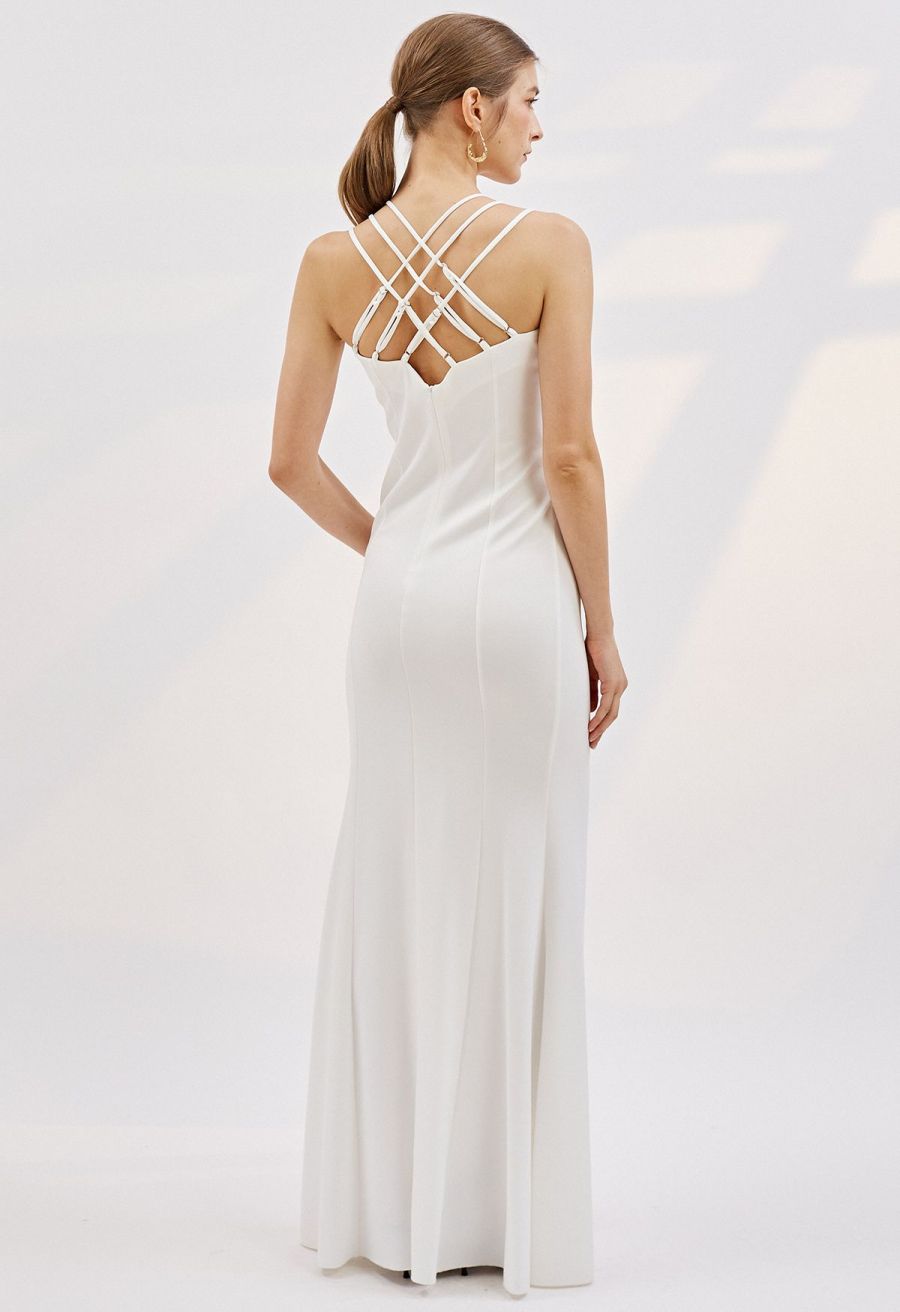 Multiple Straps Ruched Flap Slit Mermaid Gown in White