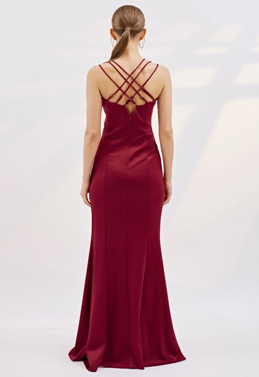 Multiple Straps Ruched Flap Slit Mermaid Gown in Burgundy