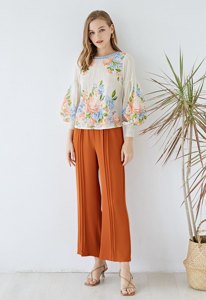 Peony Print Puff Sleeves Slouchy Shirt
