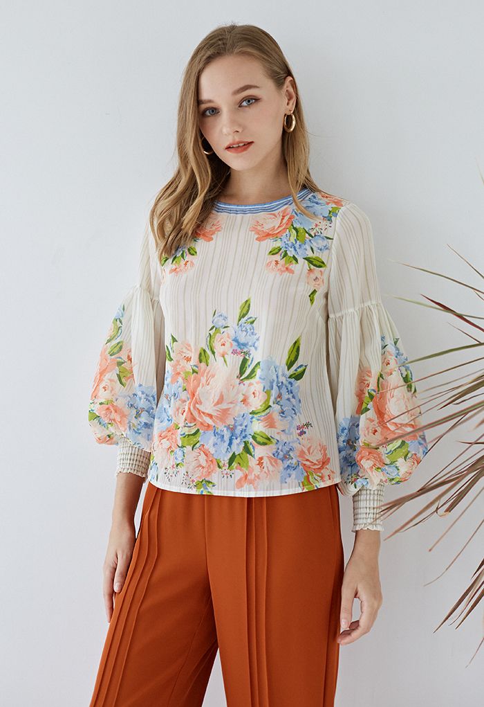 Peony Print Puff Sleeves Slouchy Shirt