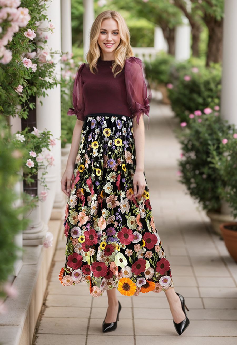 Organza Bubble Sleeves Knit Top in Wine