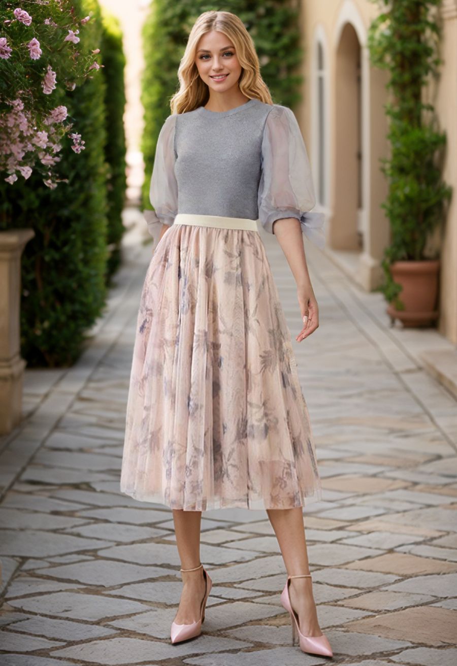 Organza Bubble Sleeves Knit Top in Grey