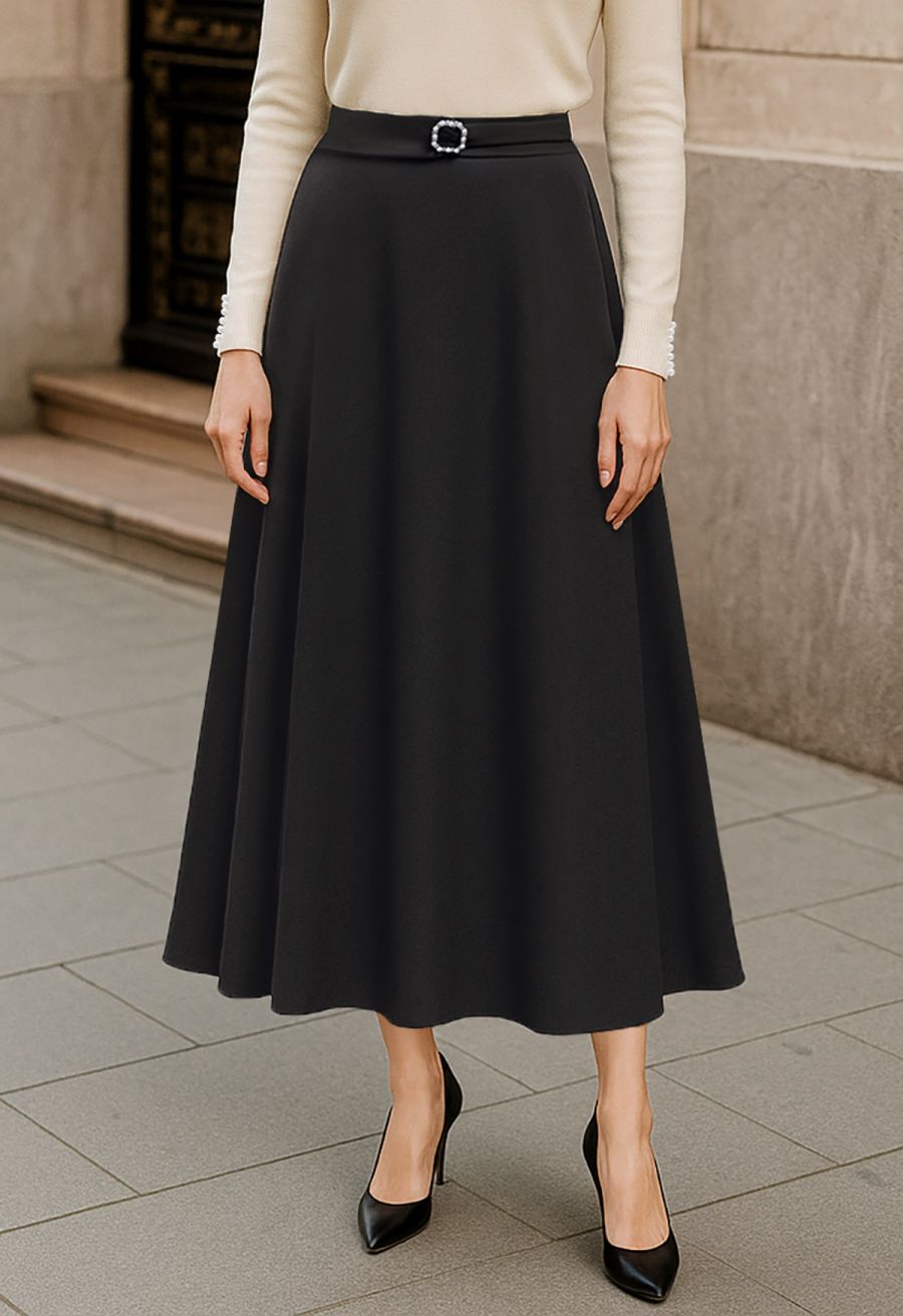 Subtle Pearl Square Buckle A-Line Skirt in Black