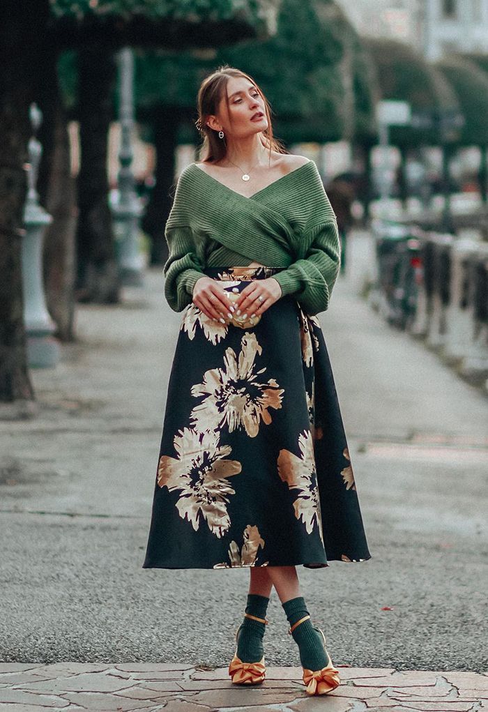 Golden Blossom Jacquard A-Line Midi Skirt