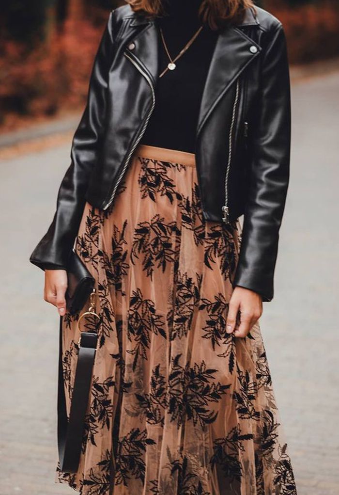 3D Leaf Double-Layered Mesh Tulle Midi Skirt in Caramel