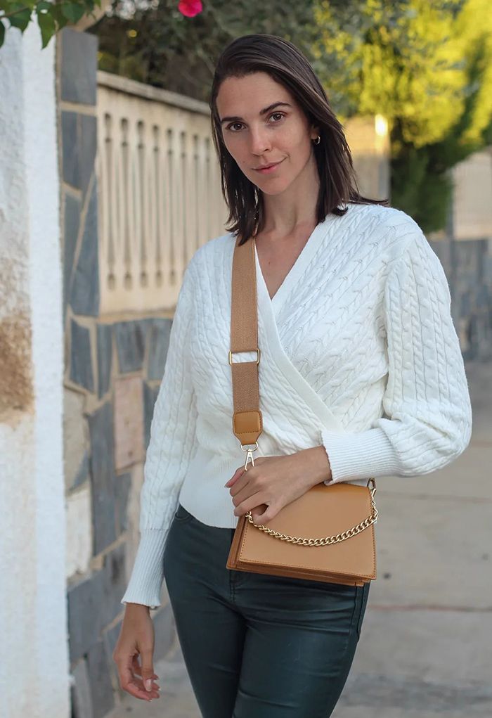 Cable Knit Wrap Front Crop Sweater in Cream