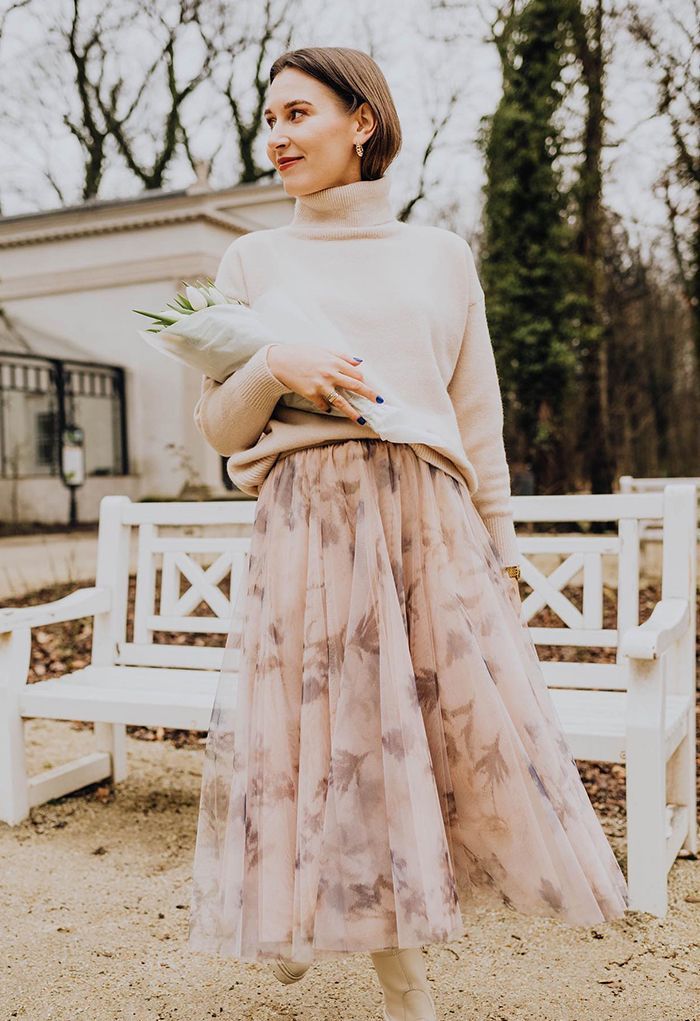 Inky Floral Double-Layered Mesh Tulle Midi Skirt