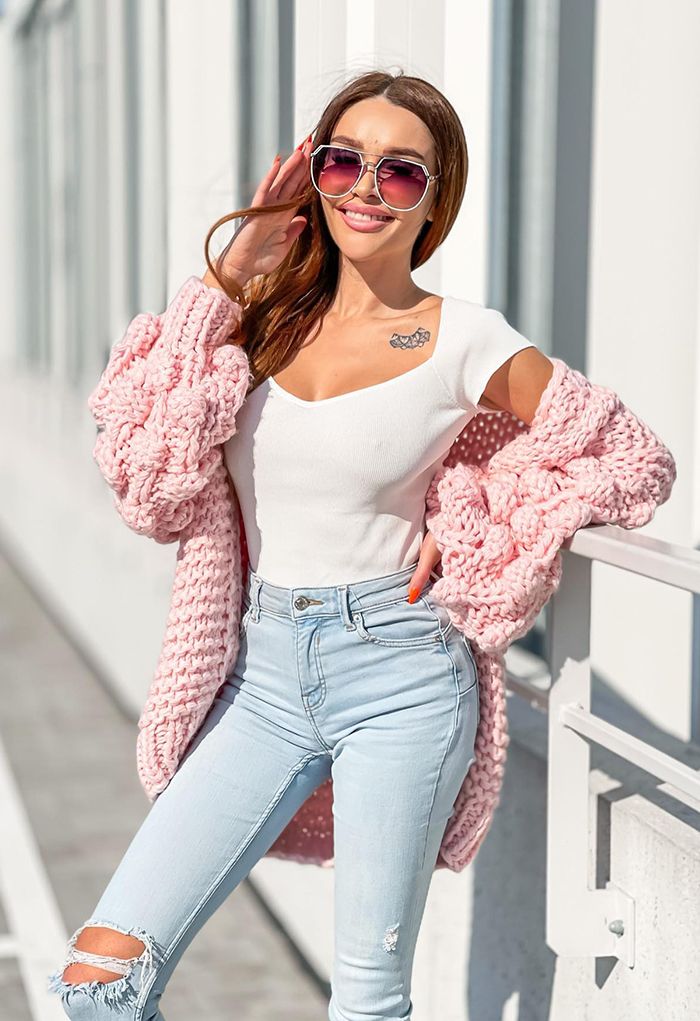 Cuteness on Sleeves Chunky Cardigan in Candy Pink
