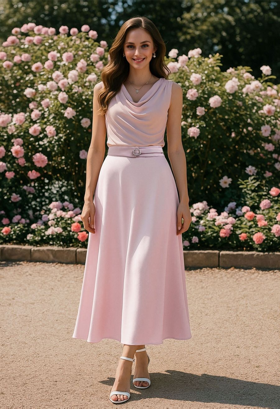 Subtle Pearl Square Buckle A-Line Skirt in Pink