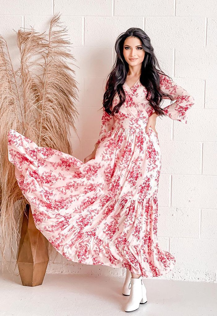 Flounced Cuffs Floral Print Chiffon Wrap Dress