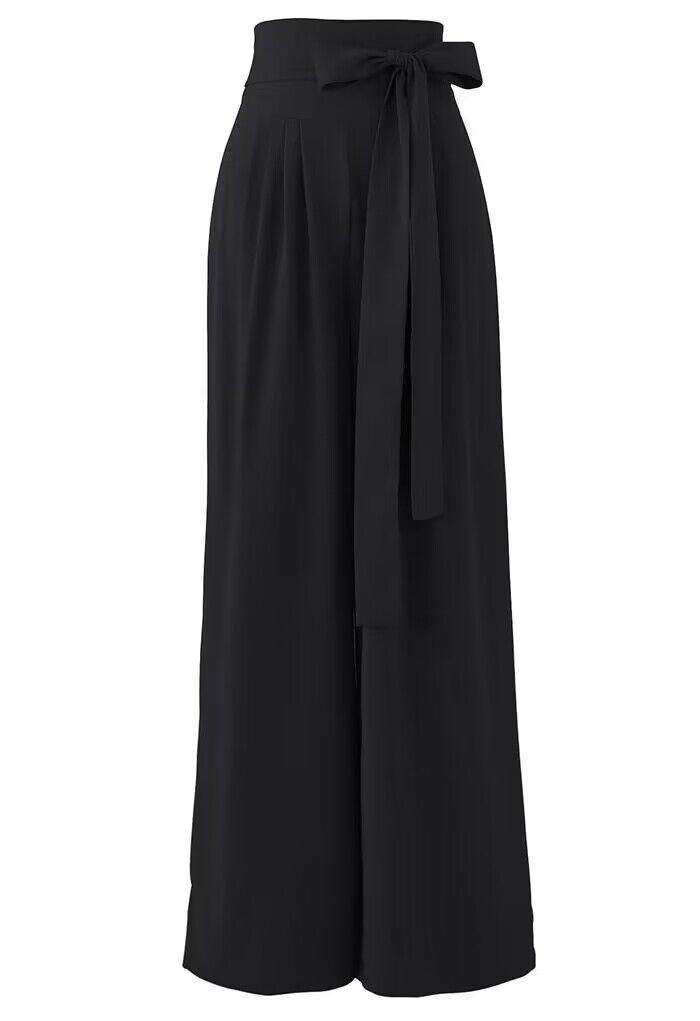 Bowknot High Waist Wide-Leg Pants in Black