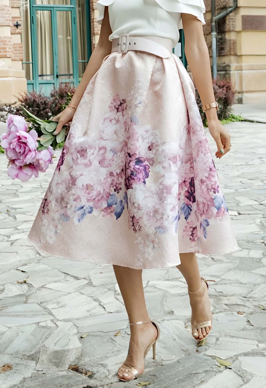 Lavender Peony Print Embossed Midi Skirt