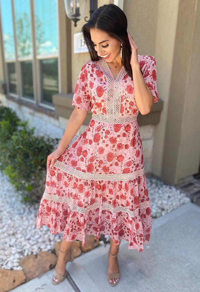 Red Floral Crochet Frilling Chiffon Dress