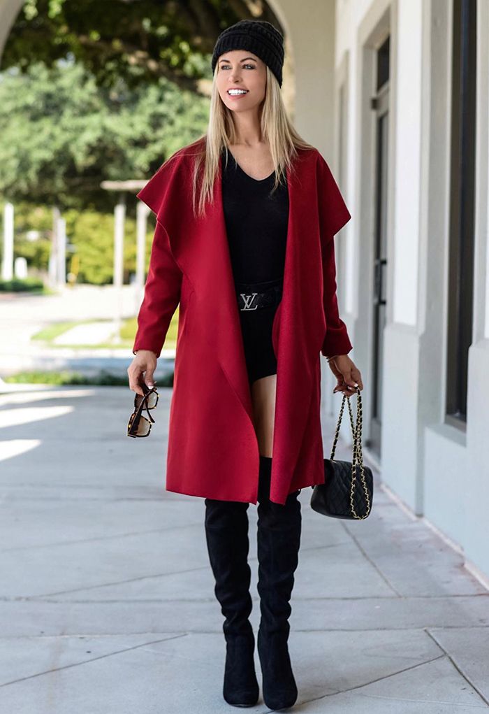 Free Myself Open Front Wool-Blend Coat in Wine