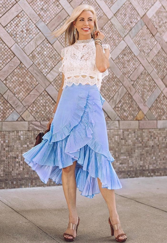 Applause of Ruffle Tiered Frill Hem Skirt in Blue Stripes