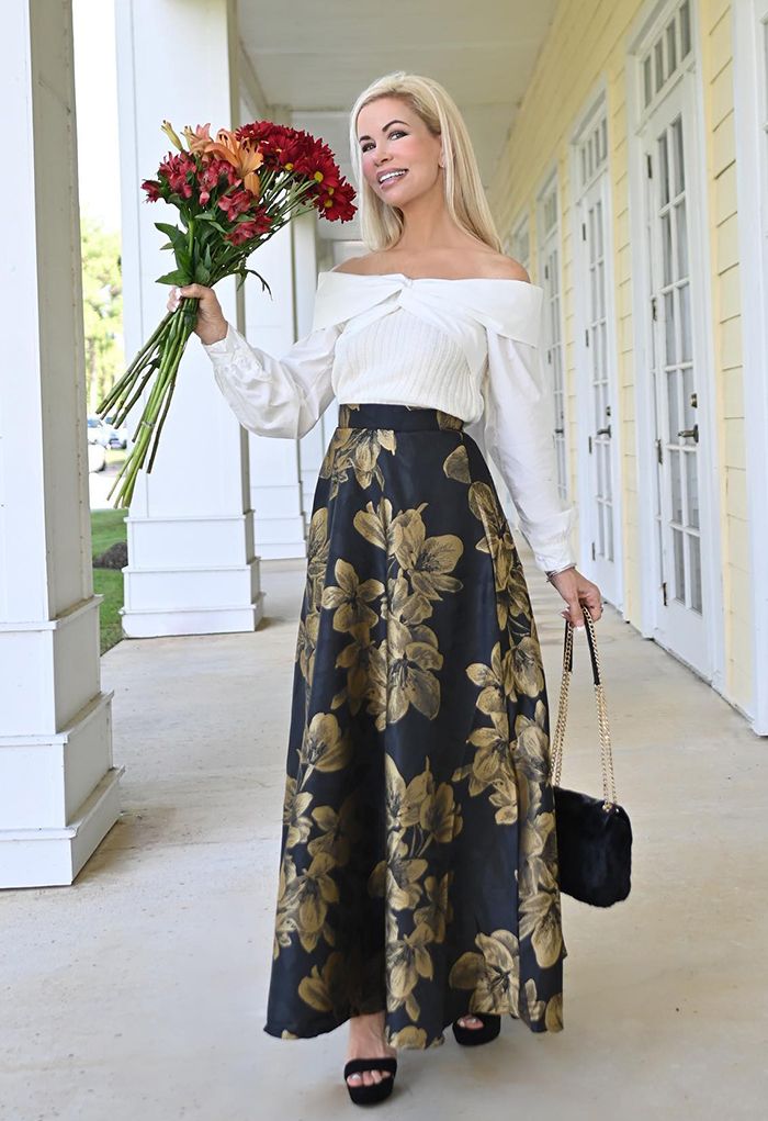 Golden Dahlia Blossom Jacquard Maxi Skirt
