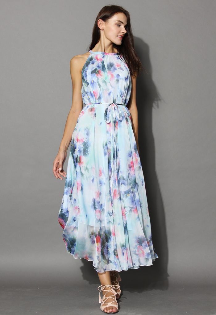 Tranquil Blue Watercolor Floral Maxi Slip Dress