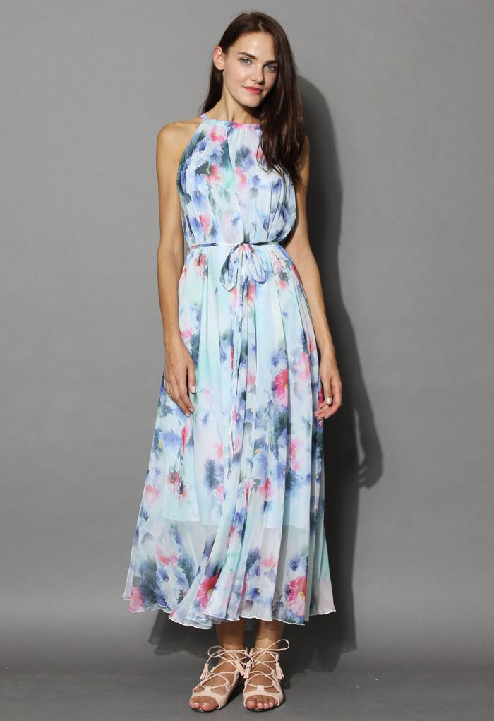Tranquil Blue Watercolor Floral Maxi Slip Dress