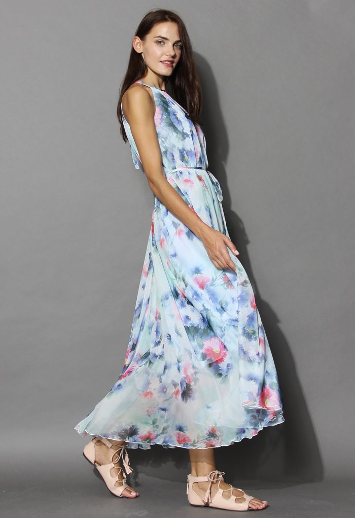 Tranquil Blue Watercolor Floral Maxi Slip Dress