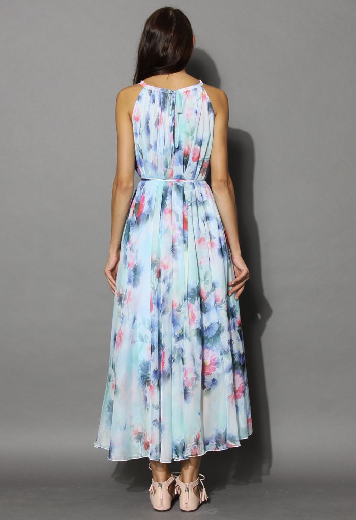 Tranquil Blue Watercolor Floral Maxi Slip Dress