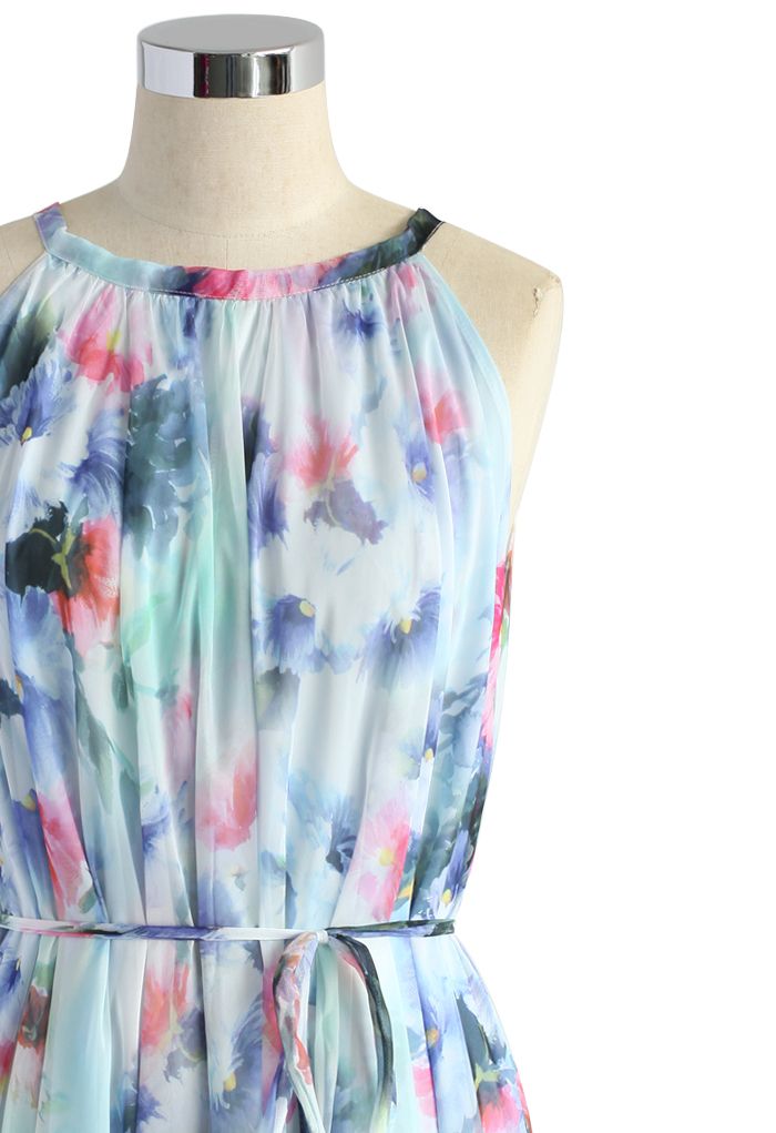 Tranquil Blue Watercolor Floral Maxi Slip Dress