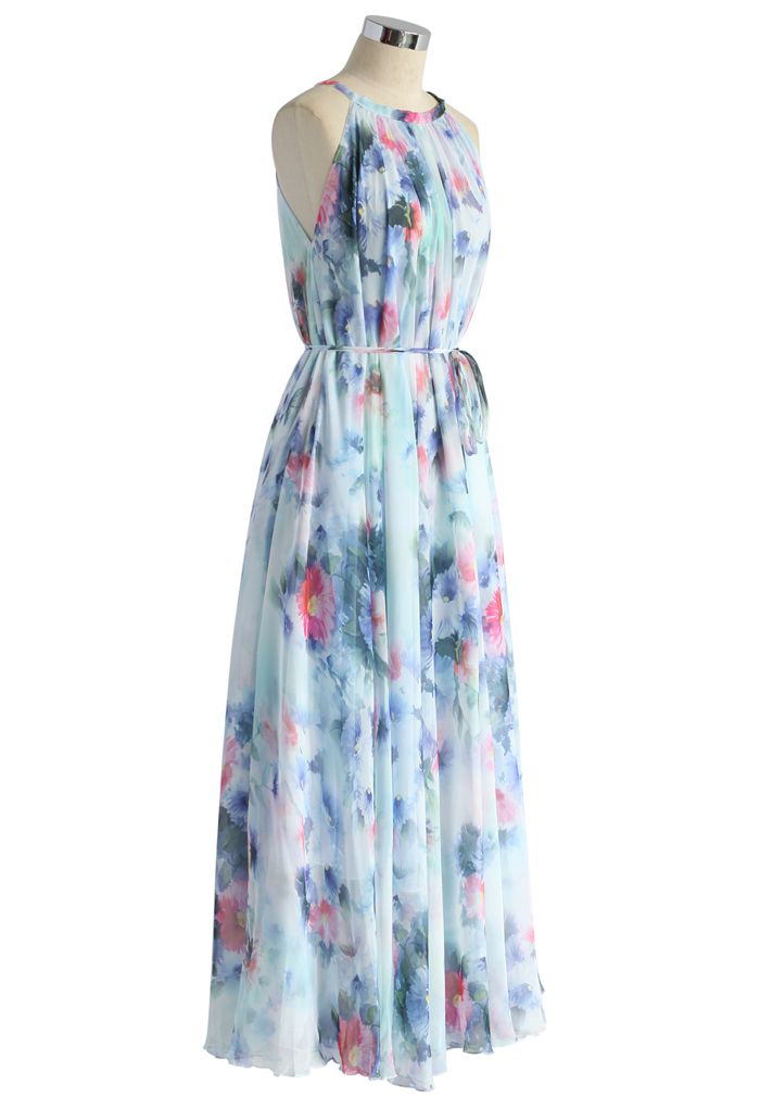 Tranquil Blue Watercolor Floral Maxi Slip Dress