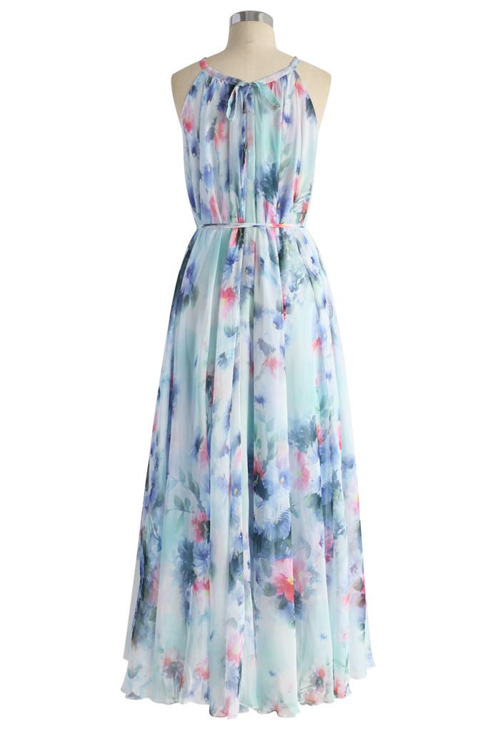 Tranquil Blue Watercolor Floral Maxi Slip Dress
