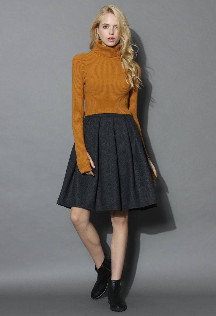 Wool-blend Pleated Twill Skirt