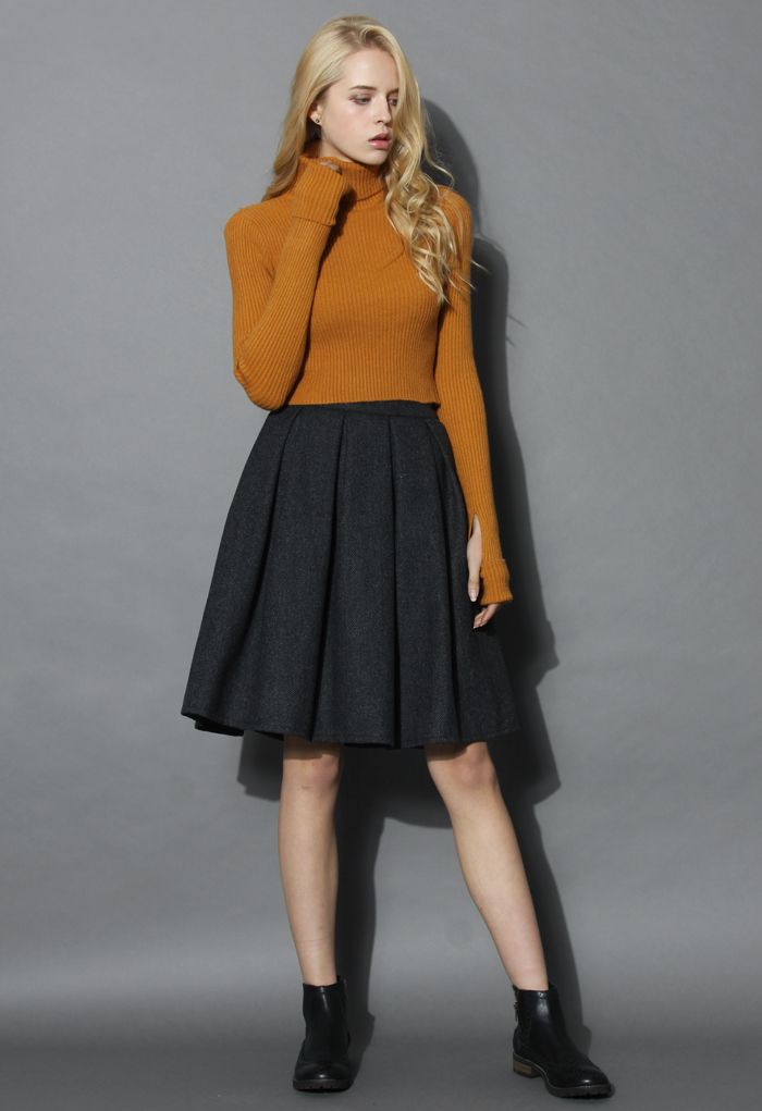 Wool-blend Pleated Twill Skirt