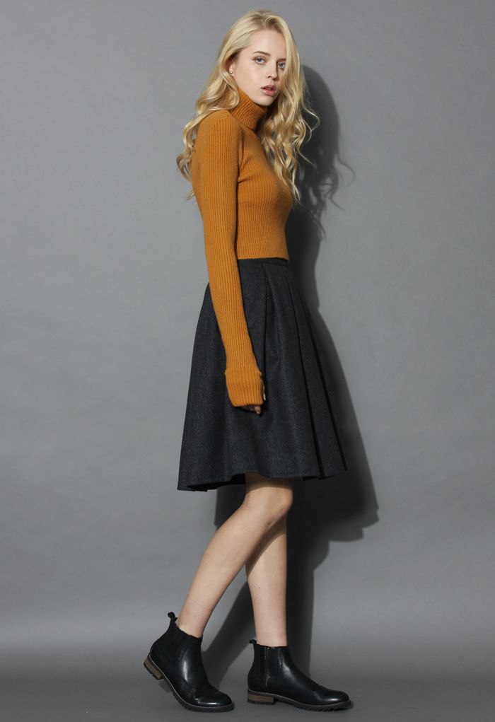 Wool-blend Pleated Twill Skirt
