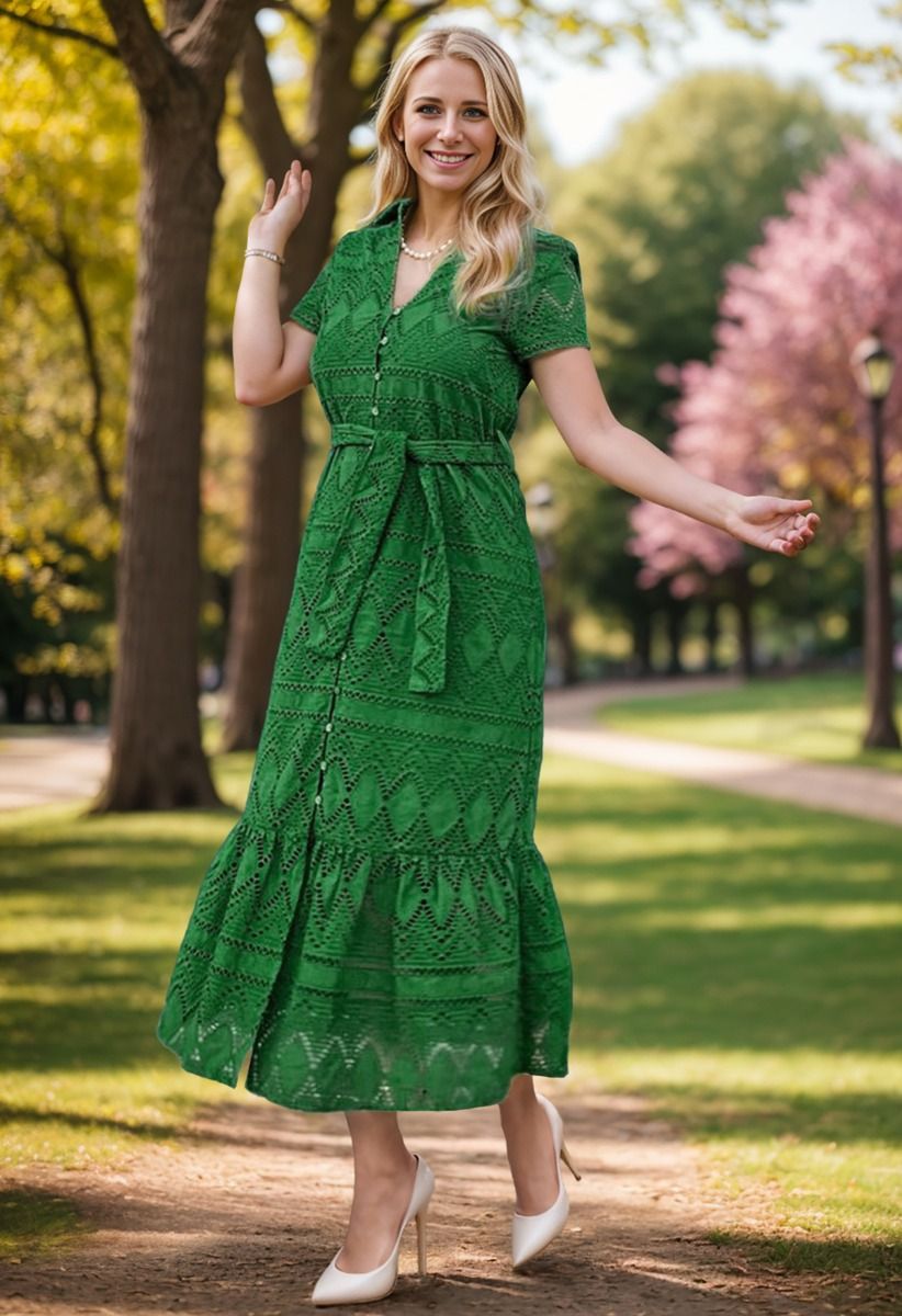 Greenery in Spring Embroidered Eyelet Frilling Dress