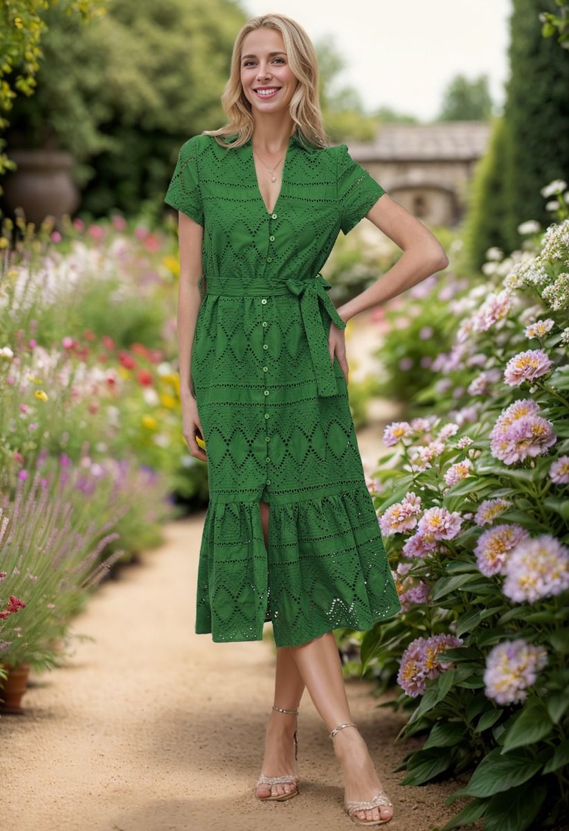 Greenery in Spring Embroidered Eyelet Frilling Dress