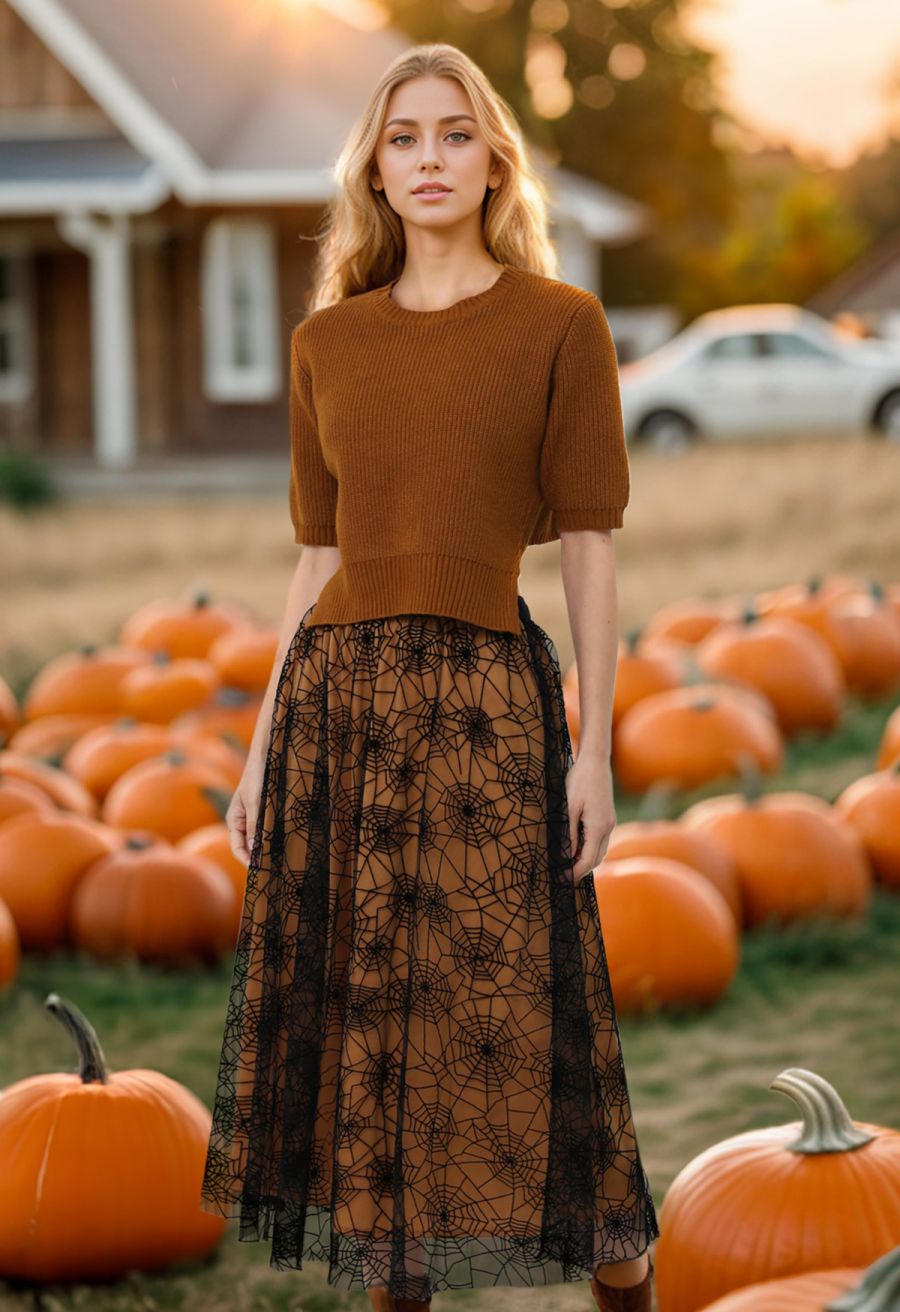 Cobweb Mystique Mesh Tulle Midi Skirt in Pumpkin Halloween Costumes
