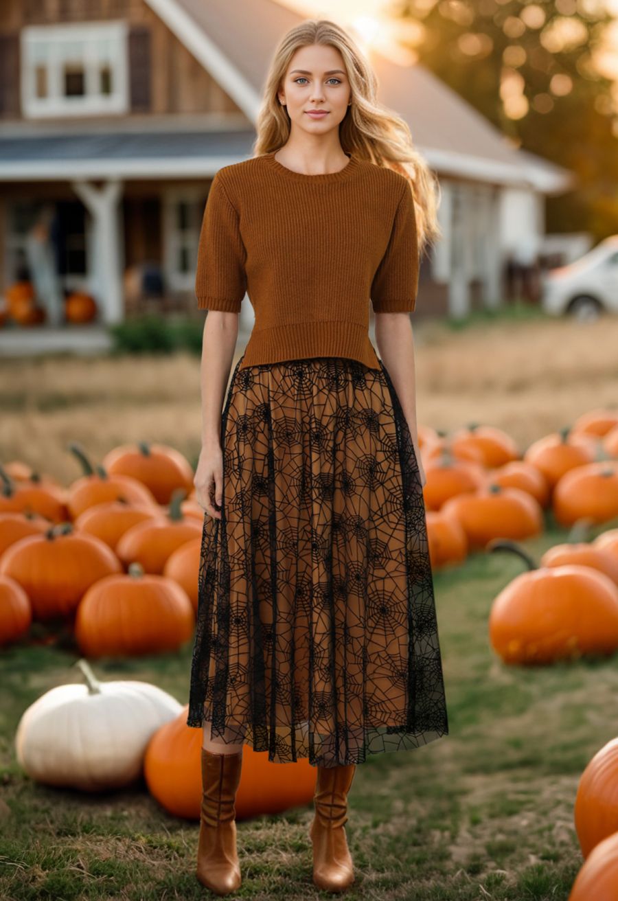 Cobweb Mystique Mesh Tulle Midi Skirt in Pumpkin Halloween Costumes