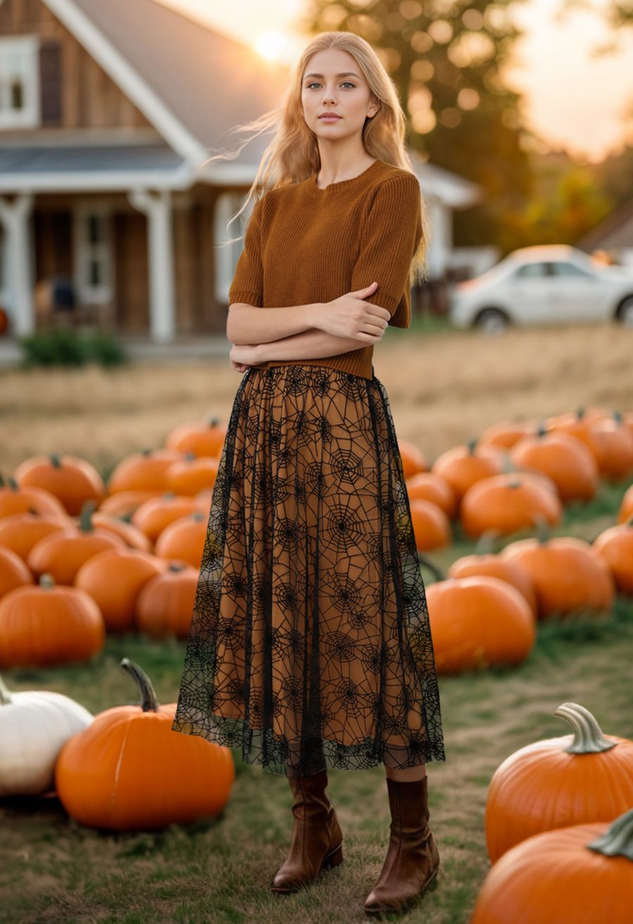 Cobweb Mystique Mesh Tulle Midi Skirt in Pumpkin Halloween Costumes