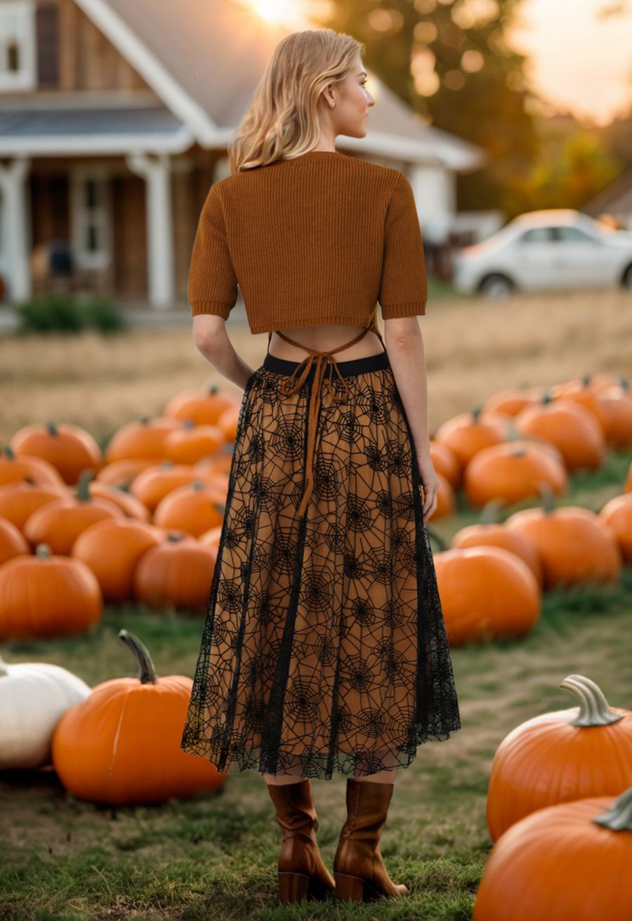 Cobweb Mystique Mesh Tulle Midi Skirt in Pumpkin Halloween Costumes