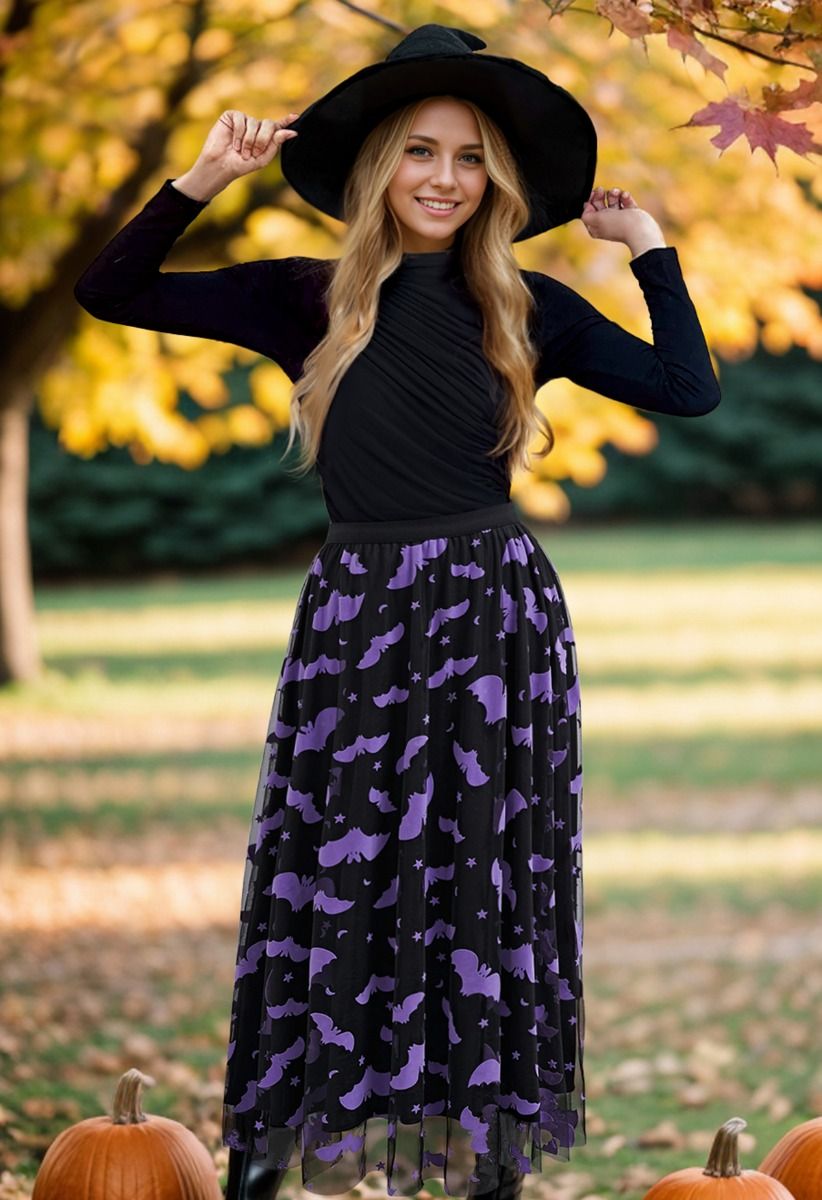 Velvet Bats Mesh Tulle Midi Skirt in Black Halloween Costumes