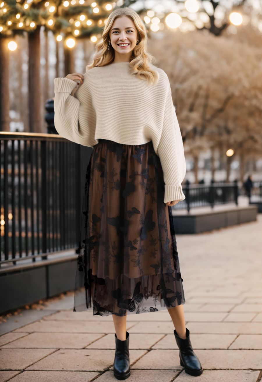 3D Butterfly Double-Layered Mesh Midi Skirt in Tan