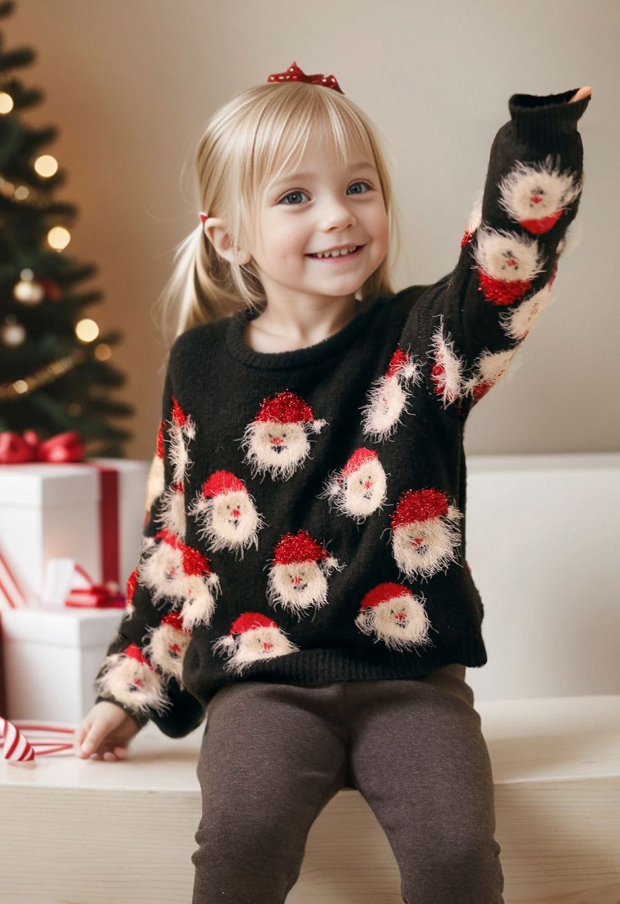 Fuzzy Santa Claus Knit Top in Black