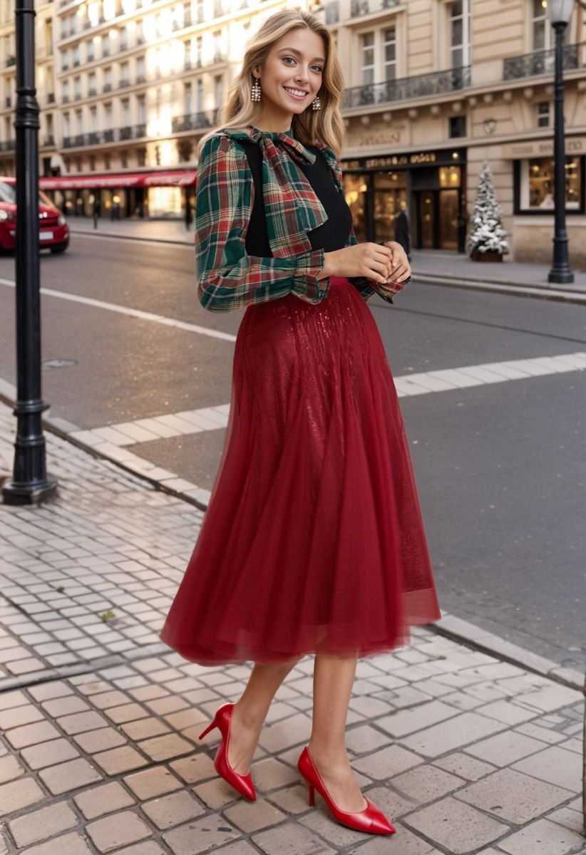 Ravishing Sequins Mesh Tulle Midi Skirt in Red