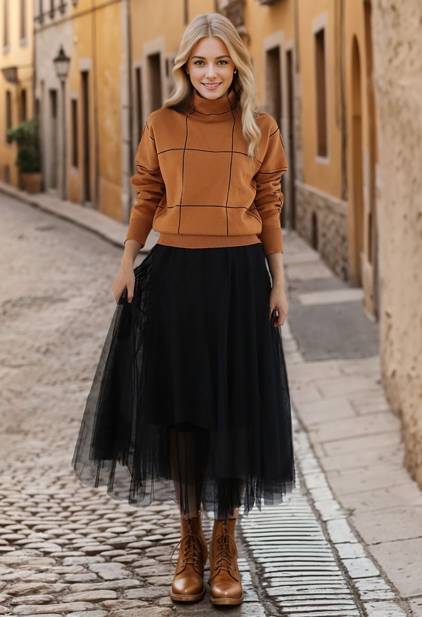 Grid Turtleneck Sweater in Pumpkin