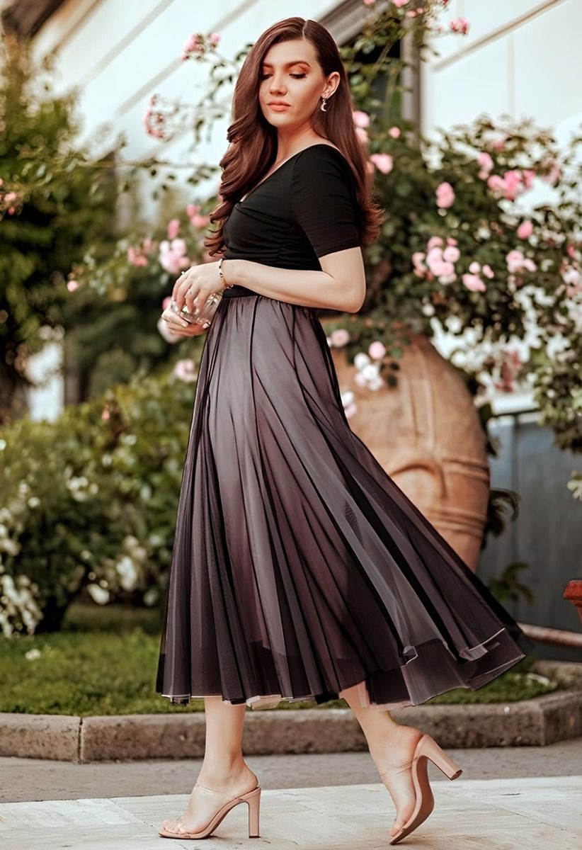 Mixture Color Panelled Tulle Maxi Skirt in Black Halloween Costumes